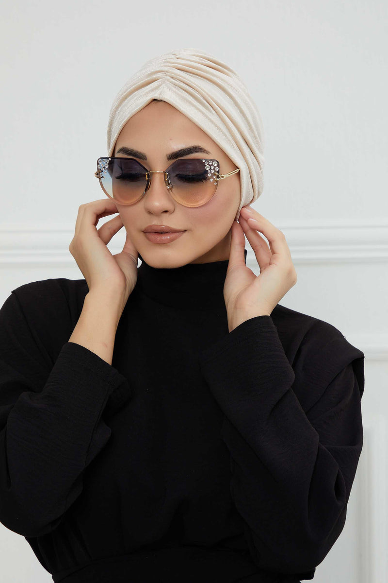 Elegant Velvet Shirred Instant Turban for Women, Luxurious Velour Instant Headwrap, Fashionable Pre-Tied Hijab Turban Cap for Women,B-20K Beige