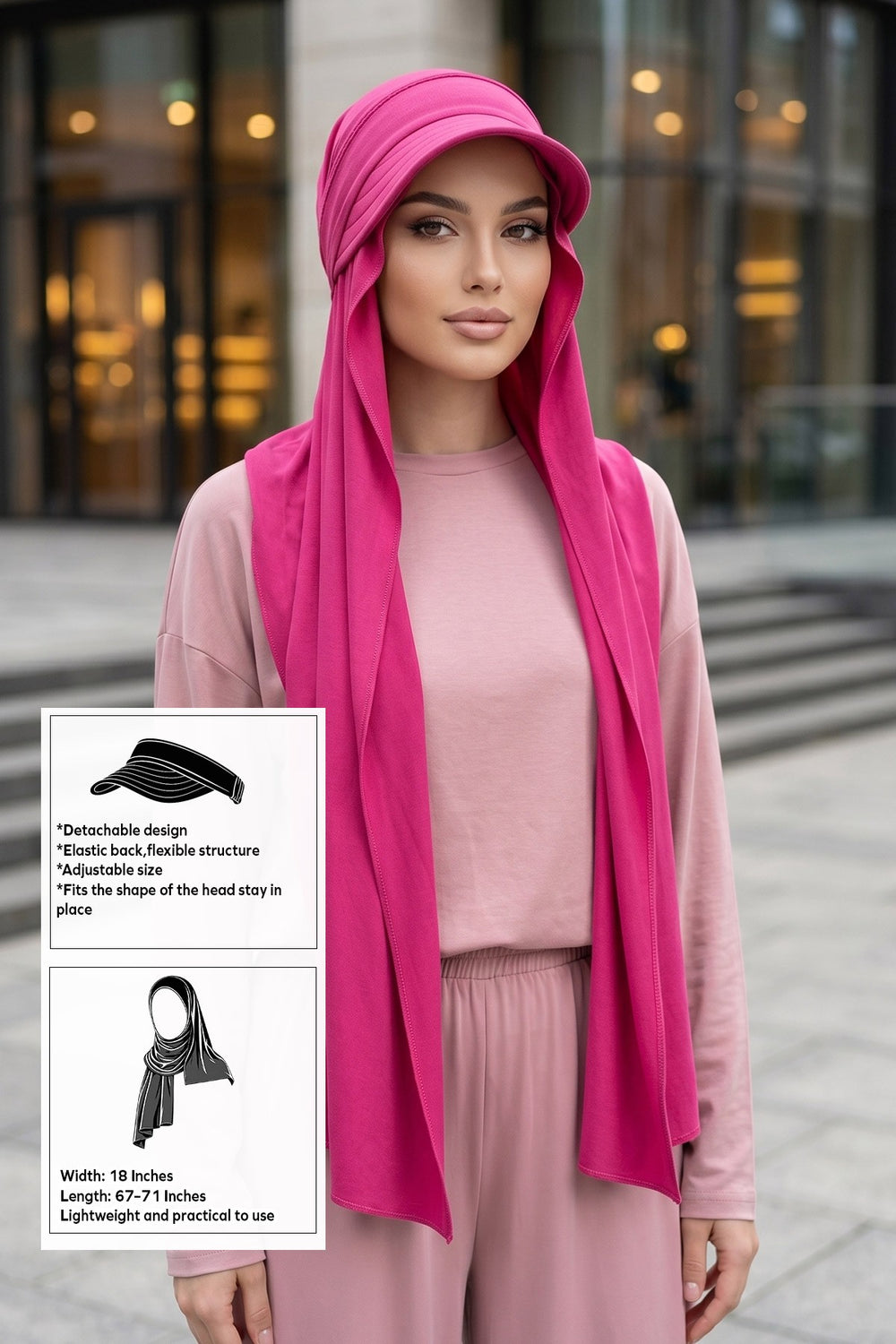 Everyday Sports Hijab with Removable Visor, Practical Jersey Shawl,SPS-1 Fuchsia