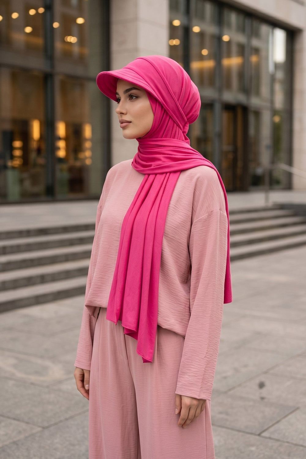 Everyday Sports Hijab with Removable Visor, Practical Jersey Shawl,SPS-1 Fuchsia
