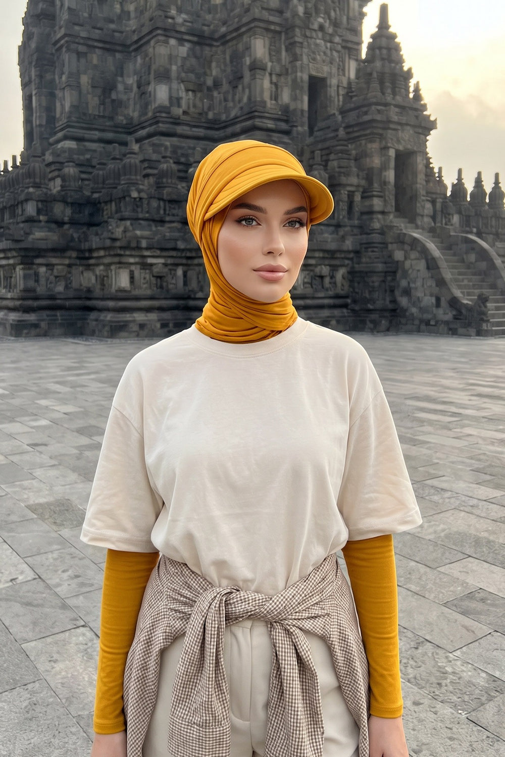 Everyday Sports Hijab with Removable Visor, Practical Jersey Shawl,SPS-1 Mustard Yellow