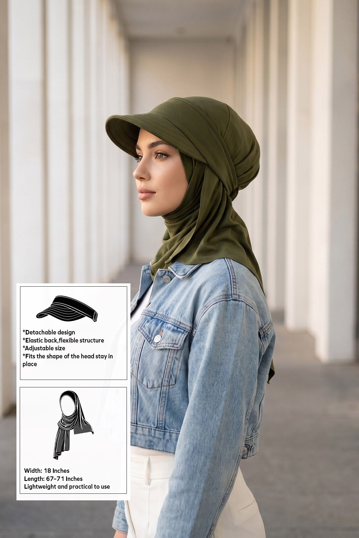 Everyday Sports Hijab with Removable Visor, Practical Jersey Shawl,SPS-1 Army Green