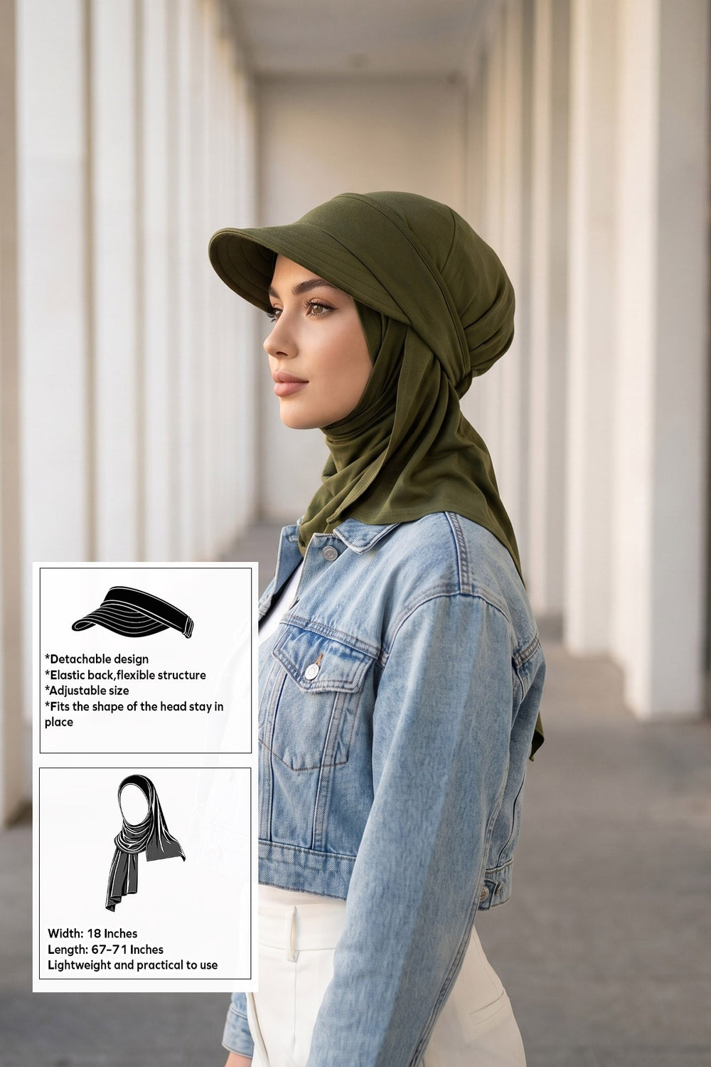 Everyday Sports Hijab with Removable Visor, Practical Jersey Shawl,SPS-1 Army Green