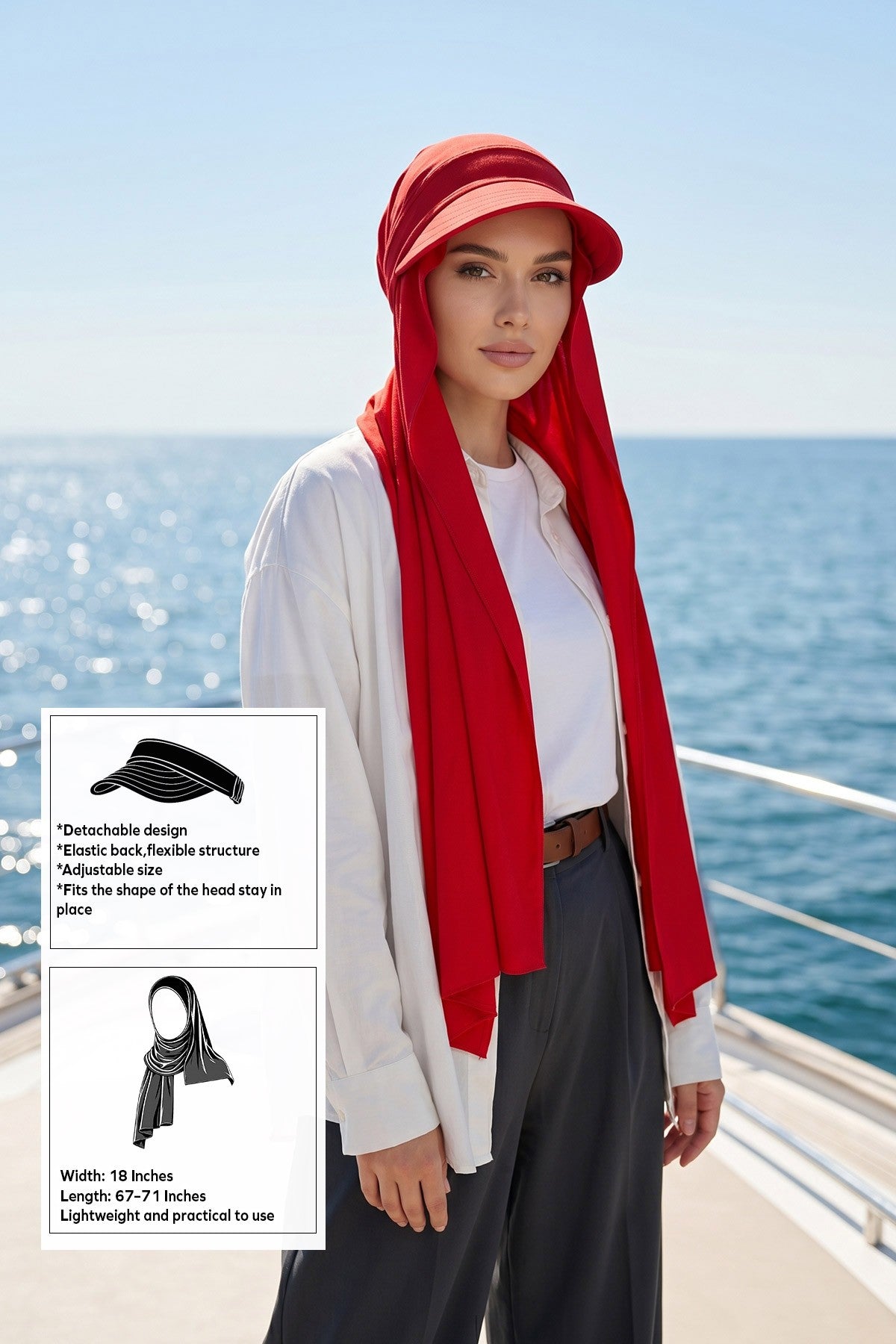 Everyday Sports Hijab with Removable Visor, Practical Jersey Shawl,SPS-1 Red