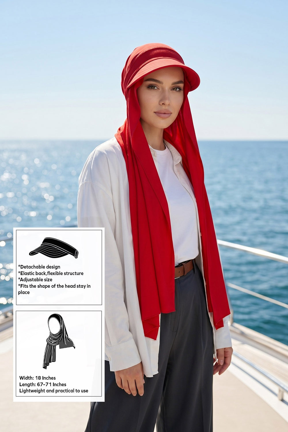 Everyday Sports Hijab with Removable Visor, Practical Jersey Shawl,SPS-1 Red