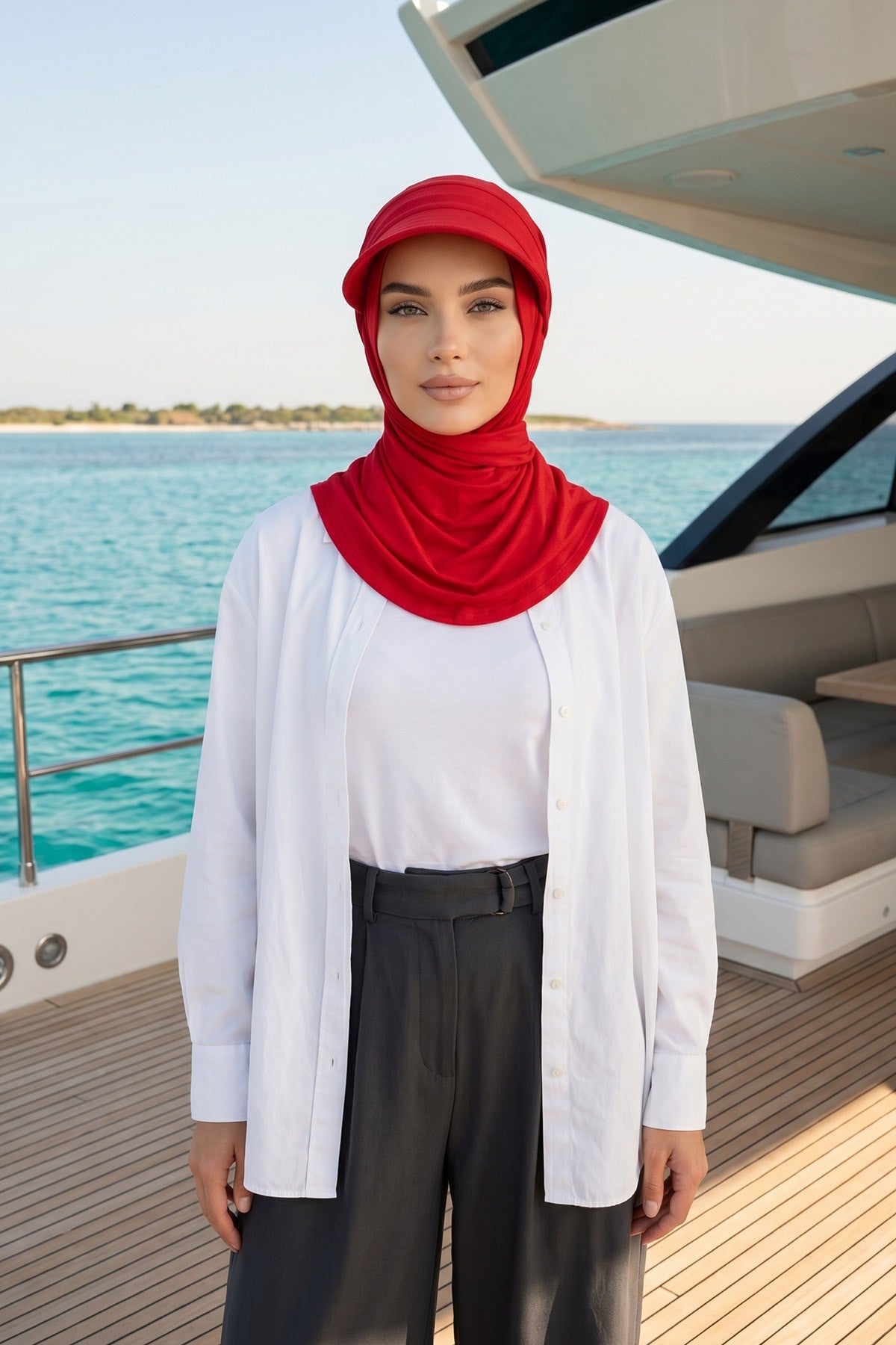 Everyday Sports Hijab with Removable Visor, Practical Jersey Shawl,SPS-1 Red