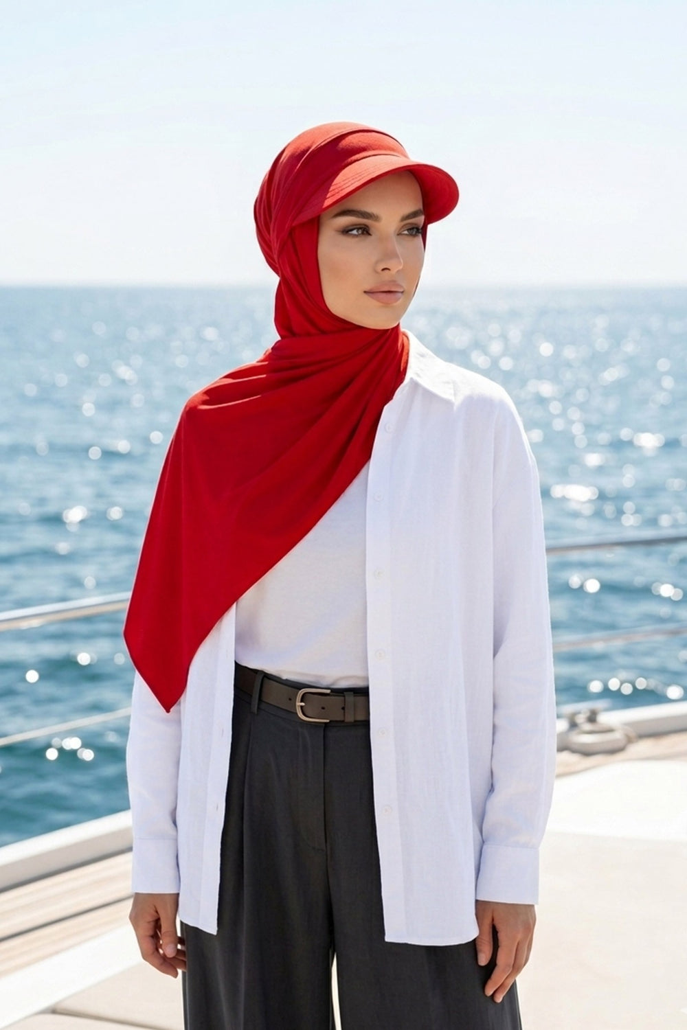 Everyday Sports Hijab with Removable Visor, Practical Jersey Shawl,SPS-1 Red