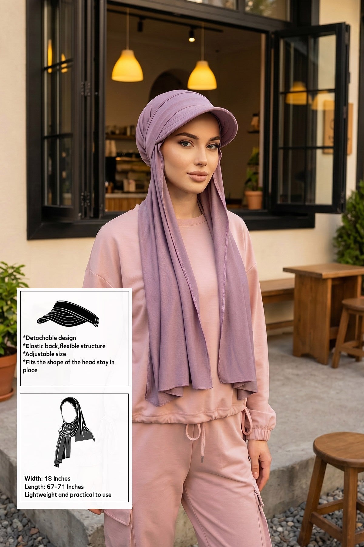 Everyday Sports Hijab with Removable Visor, Practical Jersey Shawl,SPS-1 Lilac