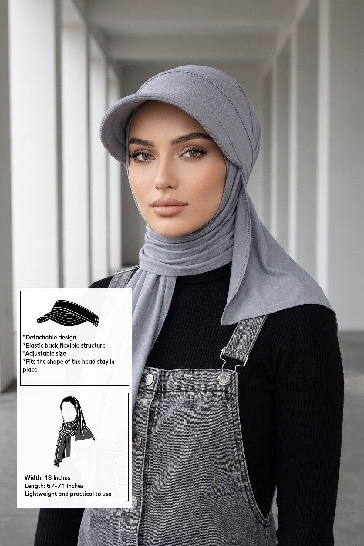 Everyday Sports Hijab with Removable Visor, Practical Jersey Shawl,SPS-1 Grey 2