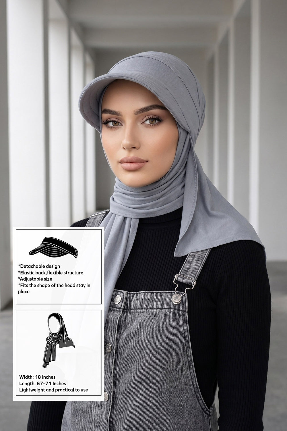 Everyday Sports Hijab with Removable Visor, Practical Jersey Shawl,SPS-1 Grey 2