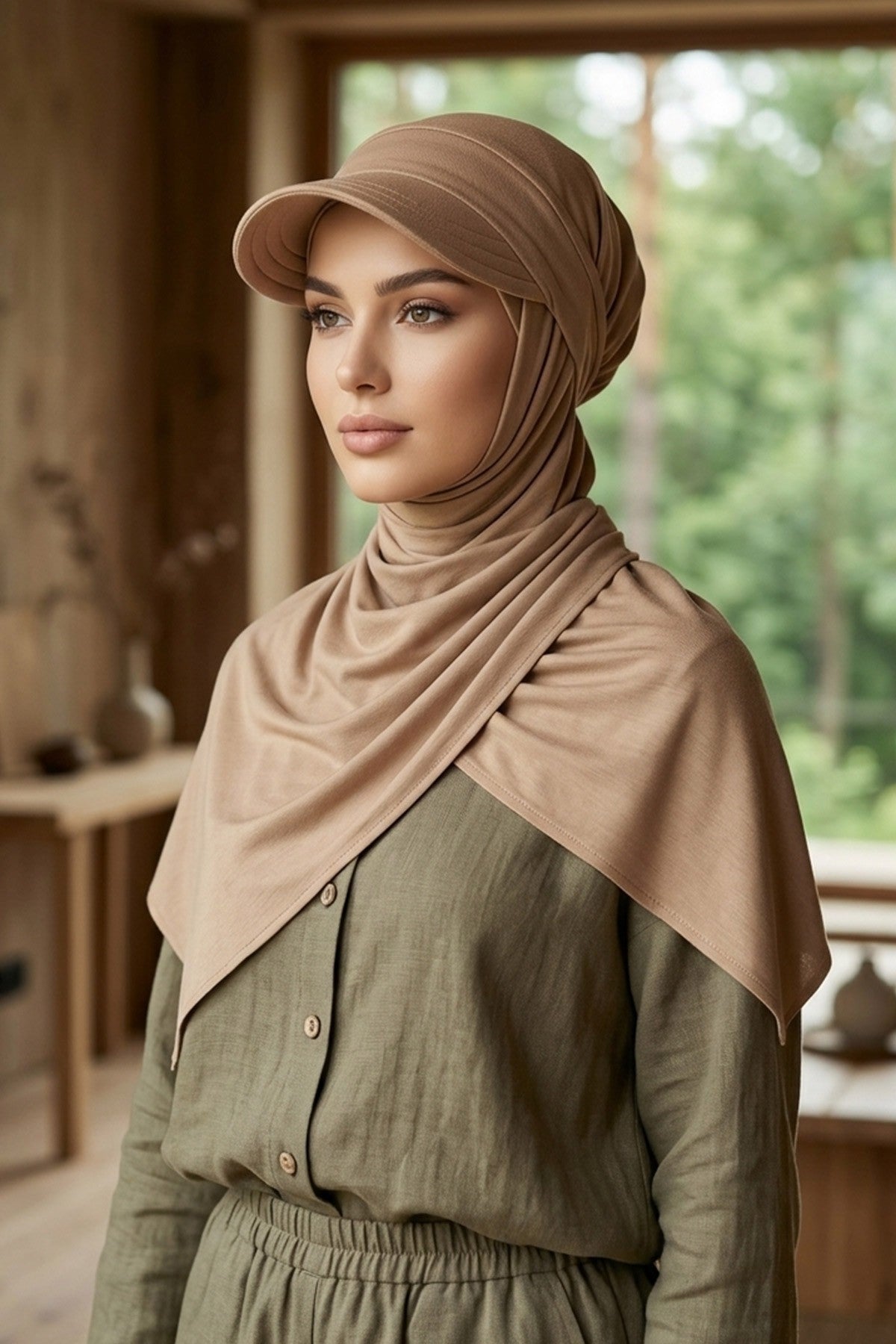 Everyday Sports Hijab with Removable Visor, Practical Jersey Shawl,SPS-1 Sand Brown