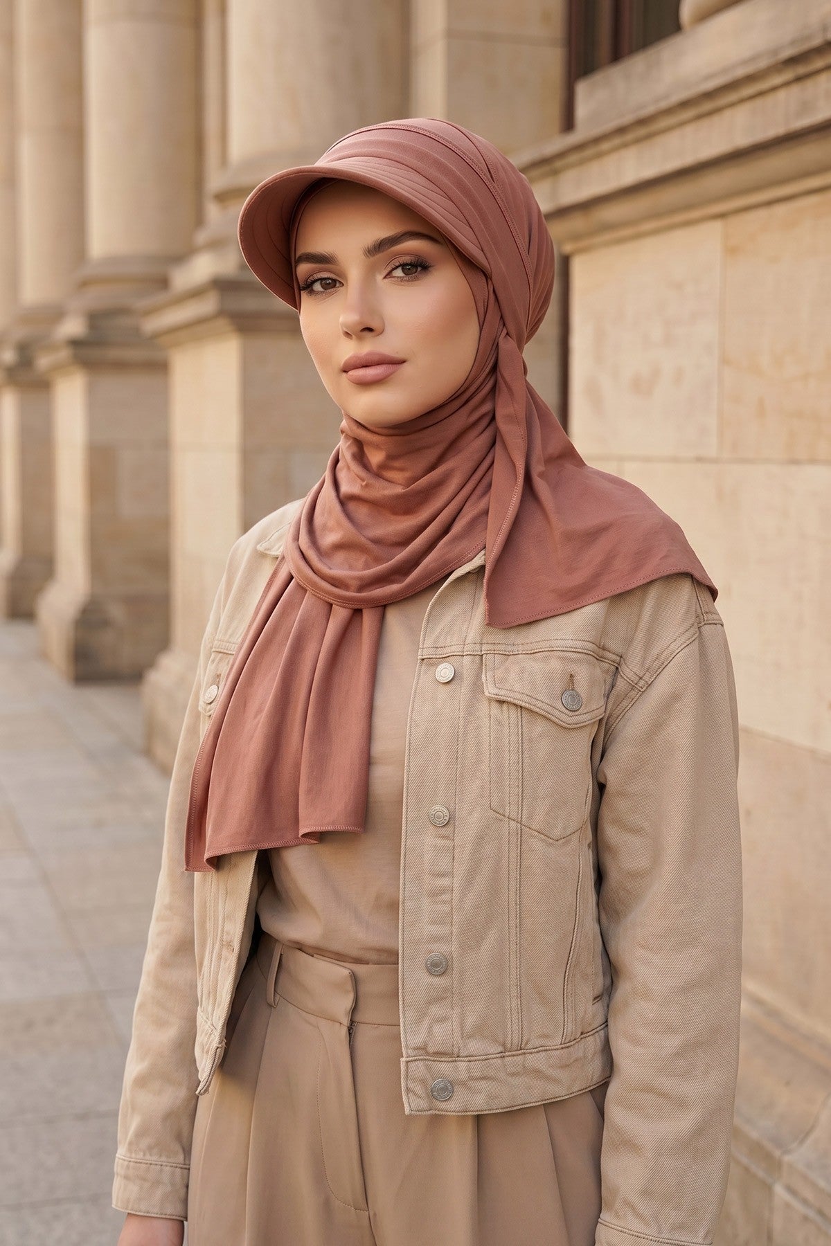 Everyday Sports Hijab with Removable Visor, Practical Jersey Shawl,SPS-1 Caramel Brown