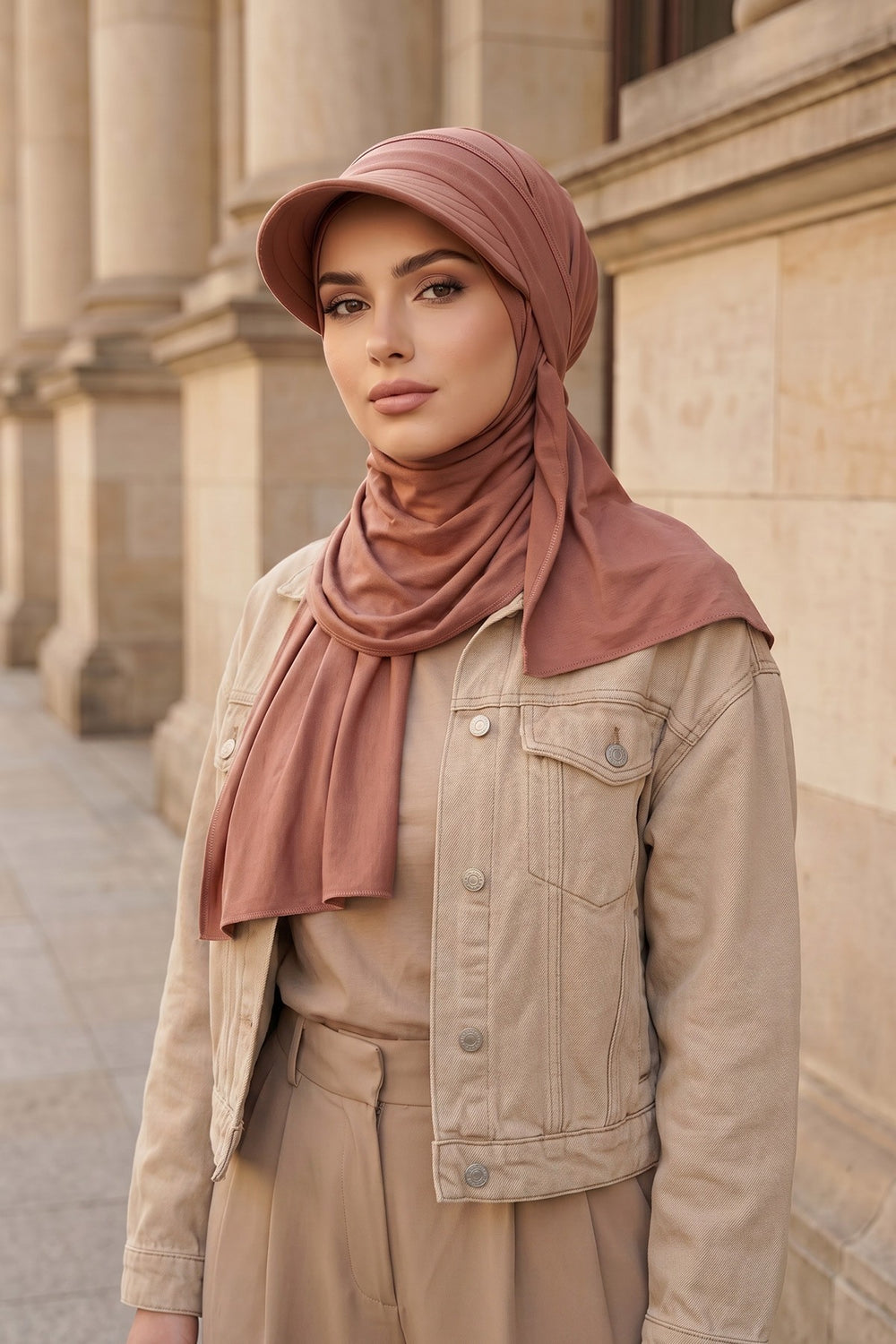 Everyday Sports Hijab with Removable Visor, Practical Jersey Shawl,SPS-1 Caramel Brown