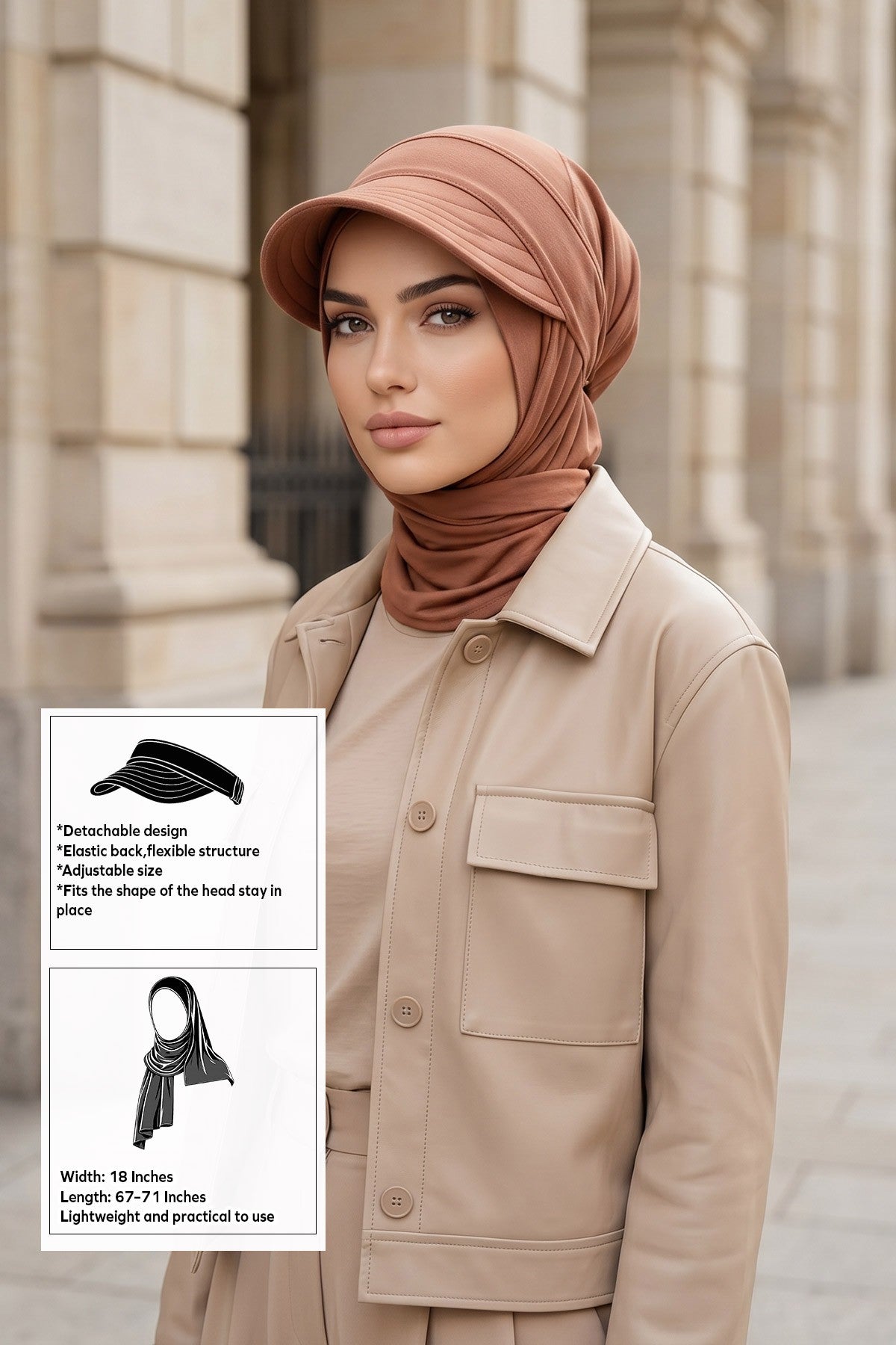 Everyday Sports Hijab with Removable Visor, Practical Jersey Shawl,SPS-1 Caramel Brown