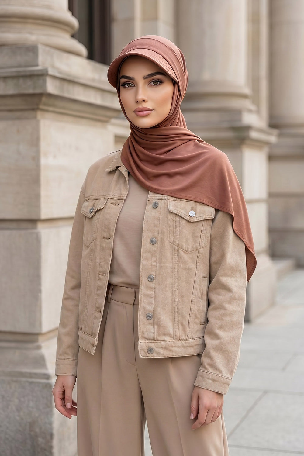 Everyday Sports Hijab with Removable Visor, Practical Jersey Shawl,SPS-1 Caramel Brown