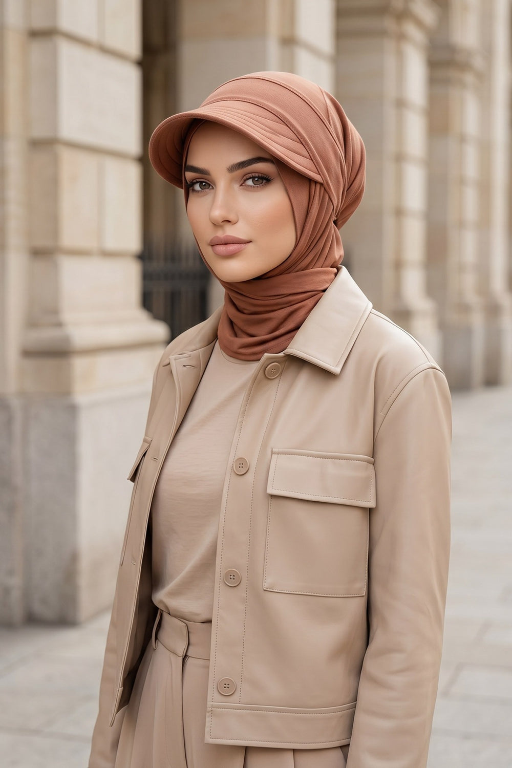 Everyday Sports Hijab with Removable Visor, Practical Jersey Shawl,SPS-1 Caramel Brown