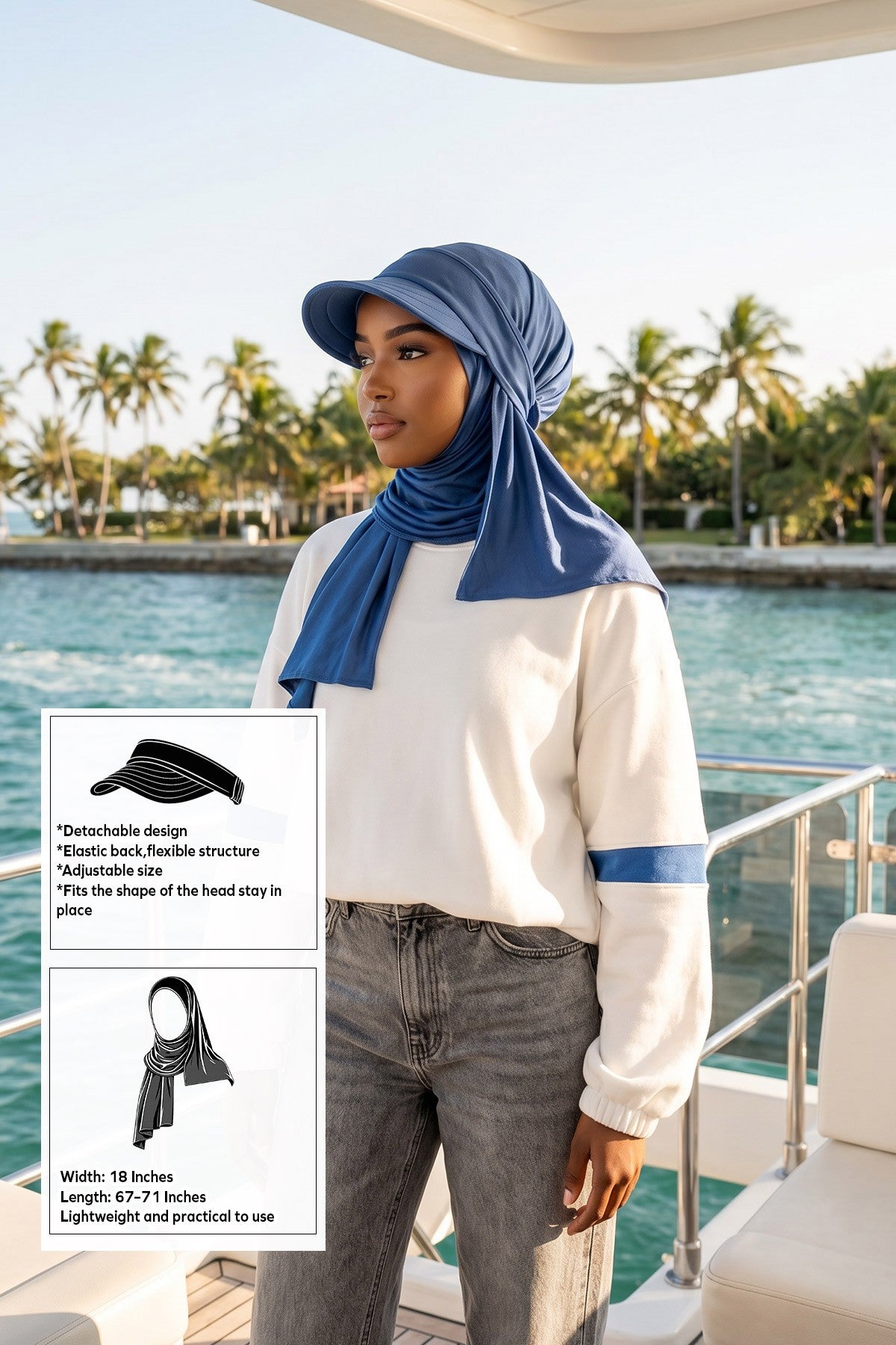 Everyday Sports Hijab with Removable Visor, Practical Jersey Shawl,SPS-1 İndigo
