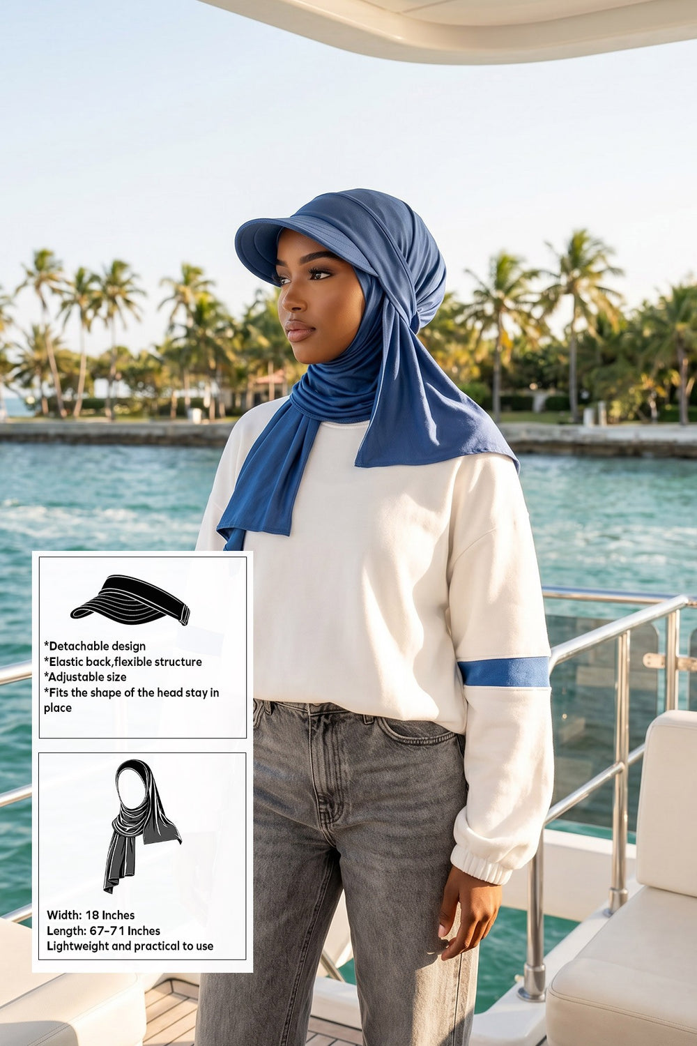 Everyday Sports Hijab with Removable Visor, Practical Jersey Shawl,SPS-1 İndigo