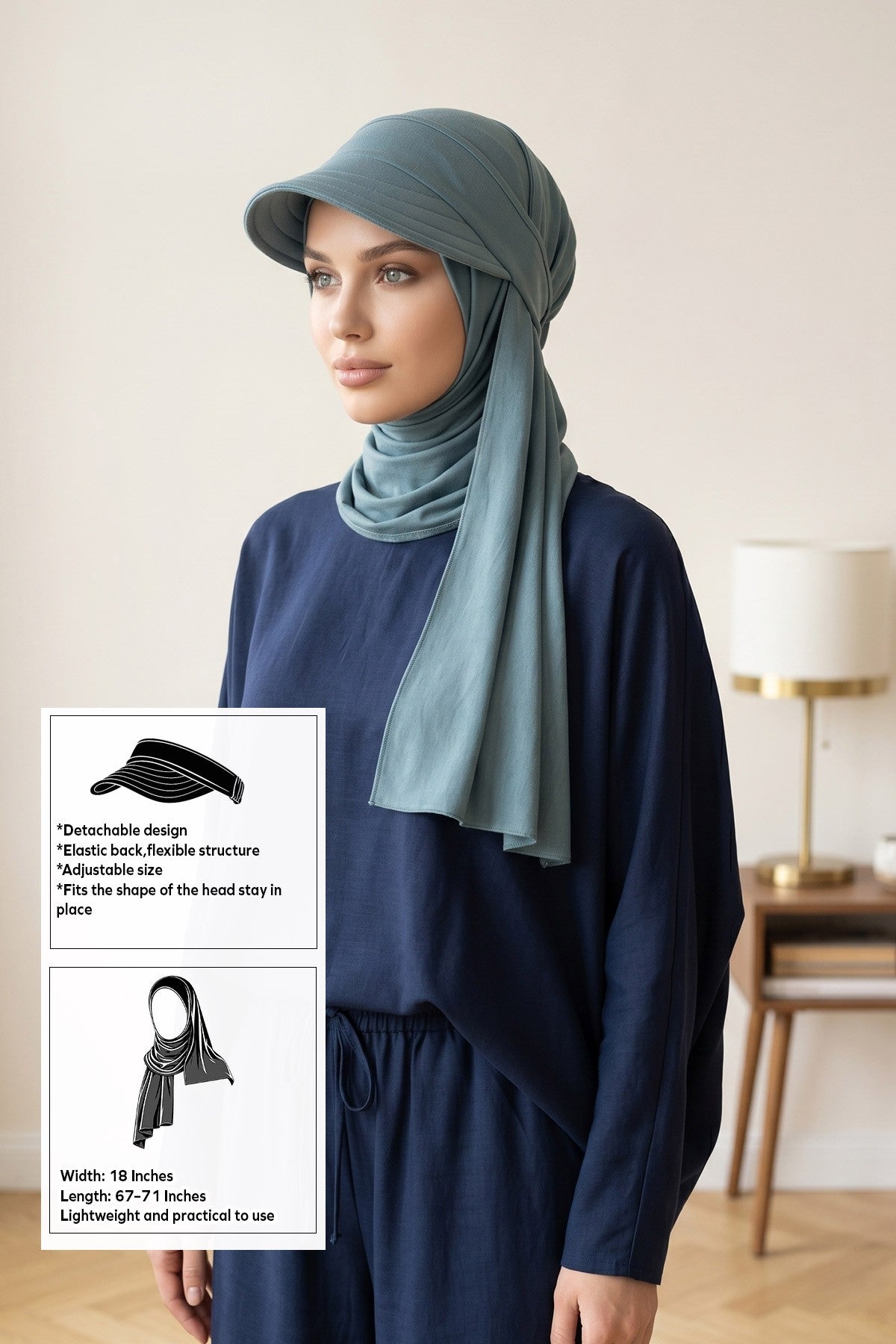 Everyday Sports Hijab with Removable Visor, Practical Jersey Shawl,SPS-1 Dark Mint