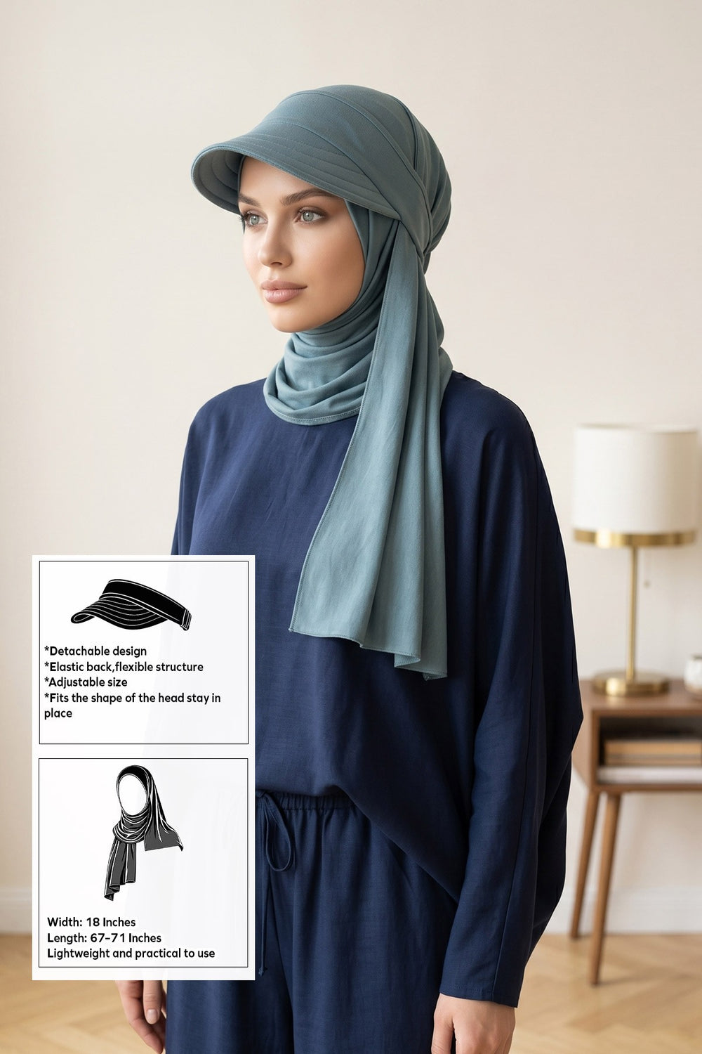 Everyday Sports Hijab with Removable Visor, Practical Jersey Shawl,SPS-1 Dark Mint