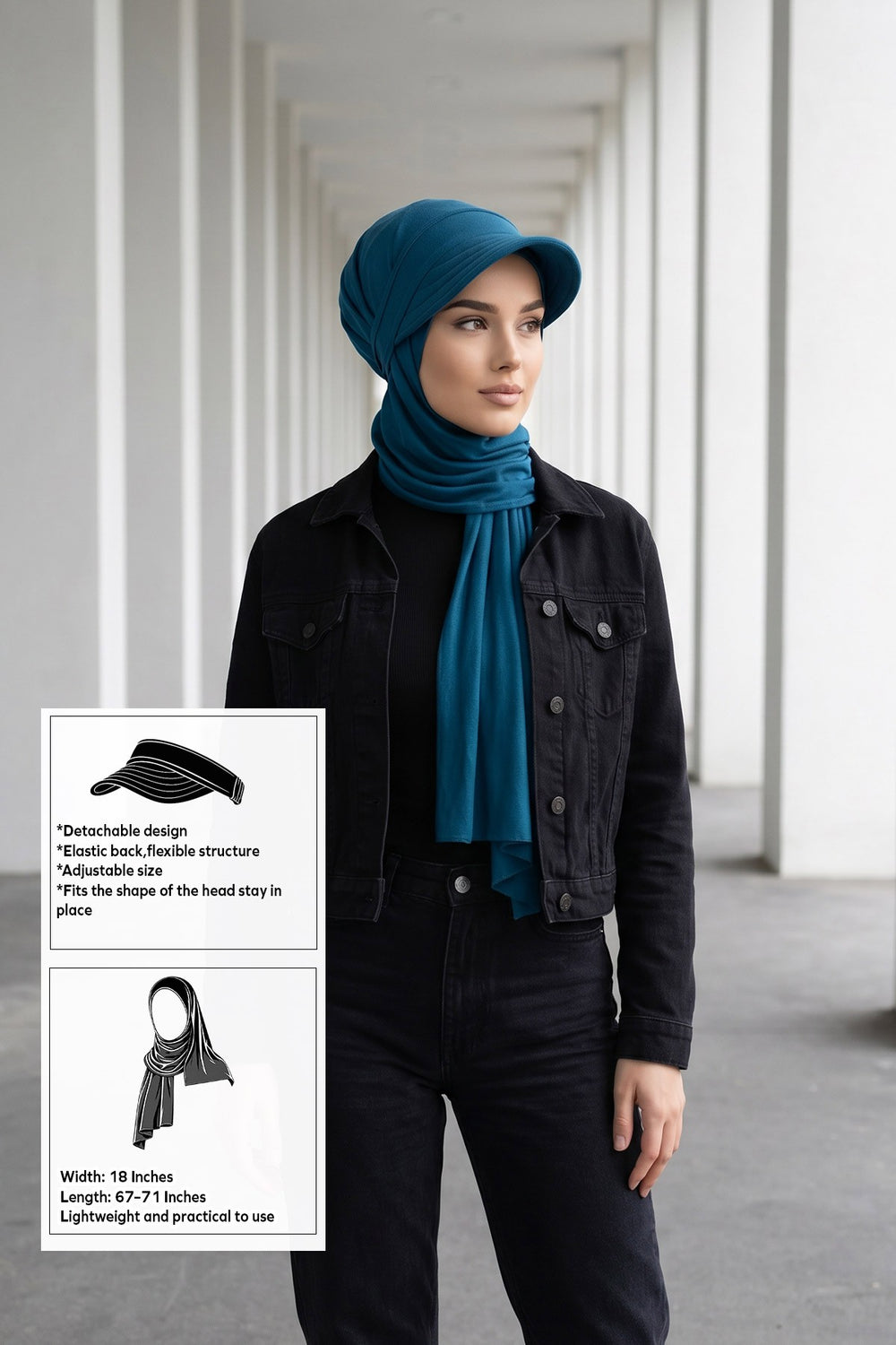 Everyday Sports Hijab with Removable Visor, Practical Jersey Shawl,SPS-1 Petrol Blue