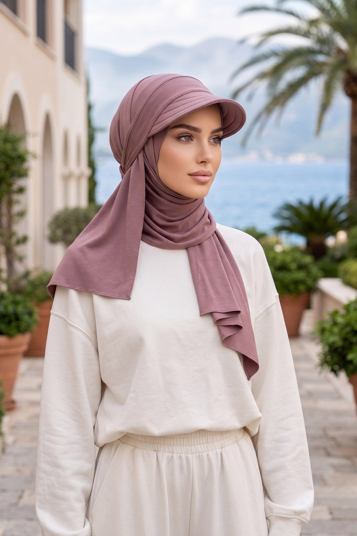 Everyday Sports Hijab with Removable Visor, Practical Jersey Shawl,SPS-1 Dusty Rose