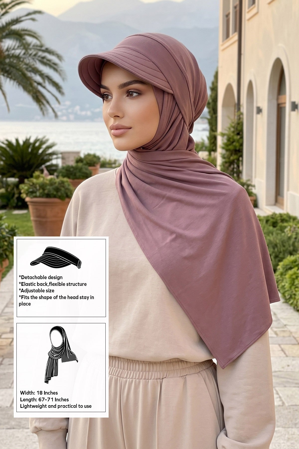 Everyday Sports Hijab with Removable Visor, Practical Jersey Shawl,SPS-1 Dusty Rose