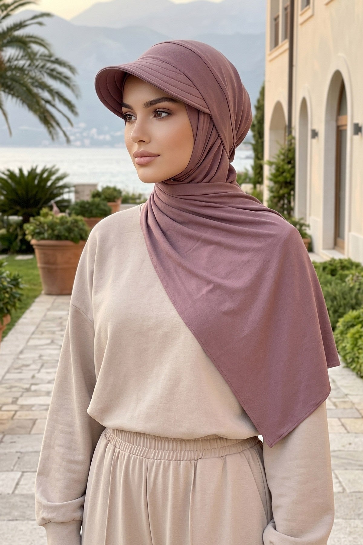 Everyday Sports Hijab with Removable Visor, Practical Jersey Shawl,SPS-1 Dusty Rose