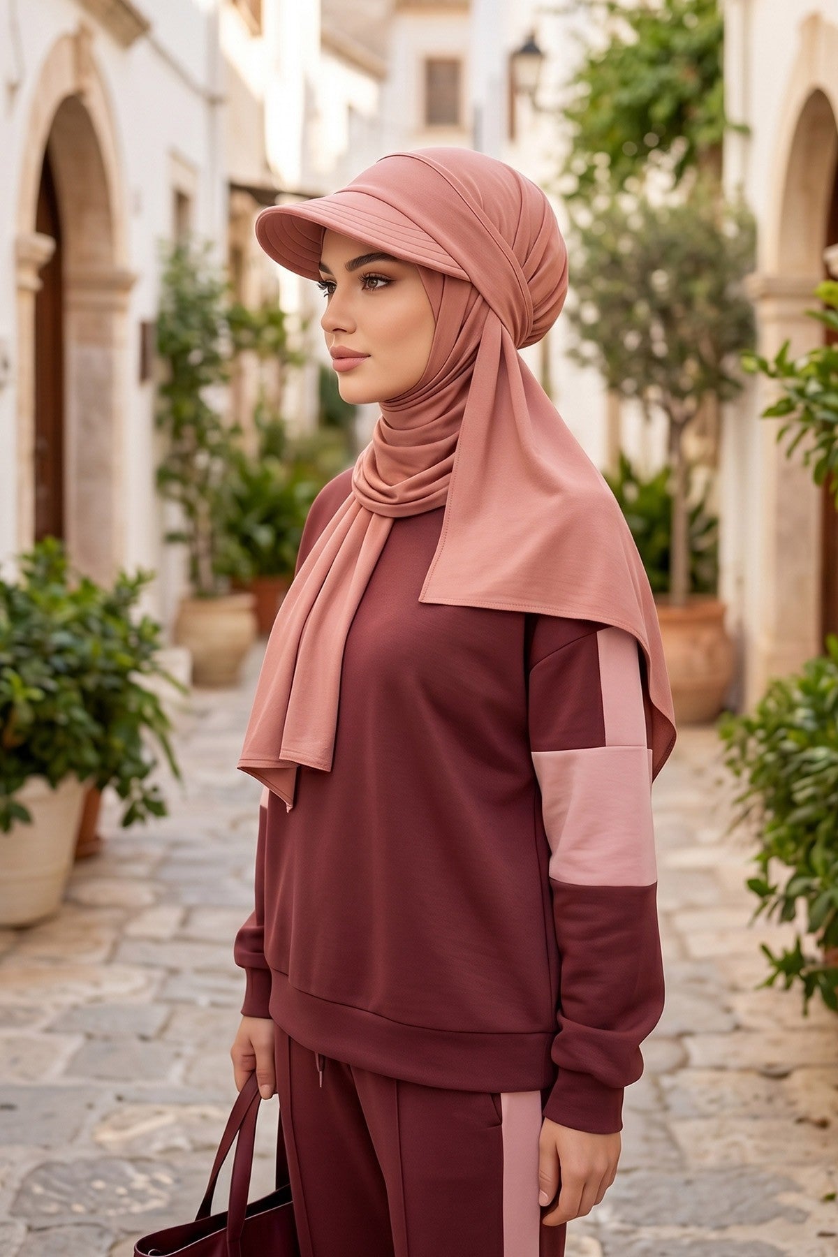Everyday Sports Hijab with Removable Visor, Practical Jersey Shawl,SPS-1 Cappucino
