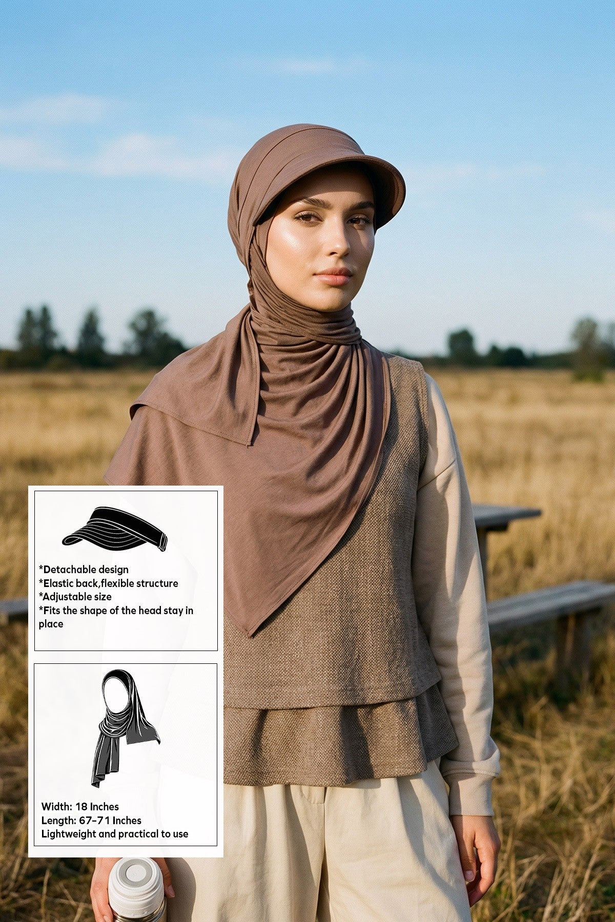 Everyday Sports Hijab with Removable Visor, Practical Jersey Shawl,SPS-1 Chocolate