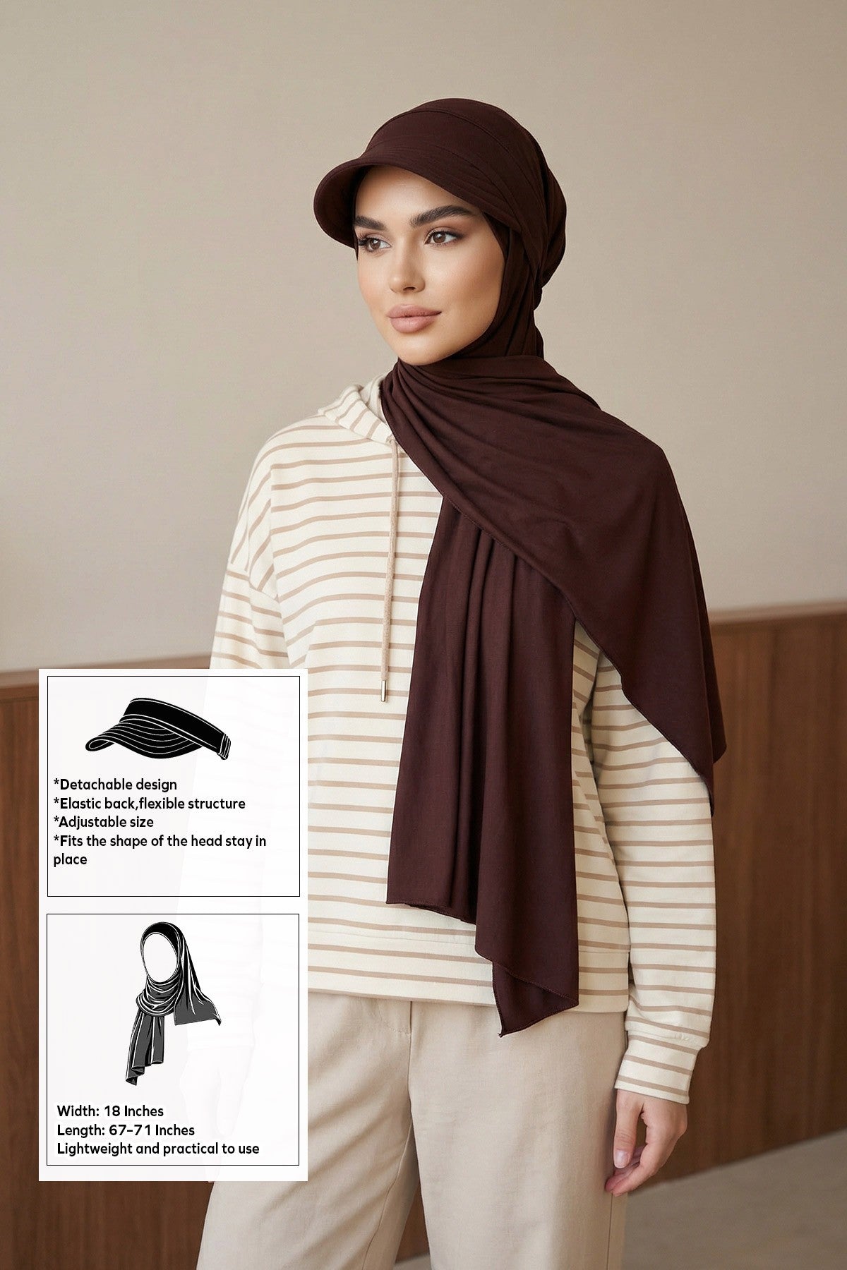 Everyday Sports Hijab with Removable Visor, Practical Jersey Shawl,SPS-1 Brown