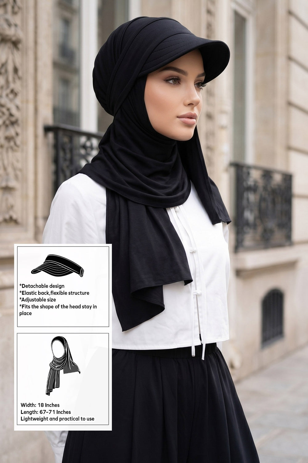 Everyday Sports Hijab with Removable Visor, Practical Jersey Shawl,SPS-1 Black