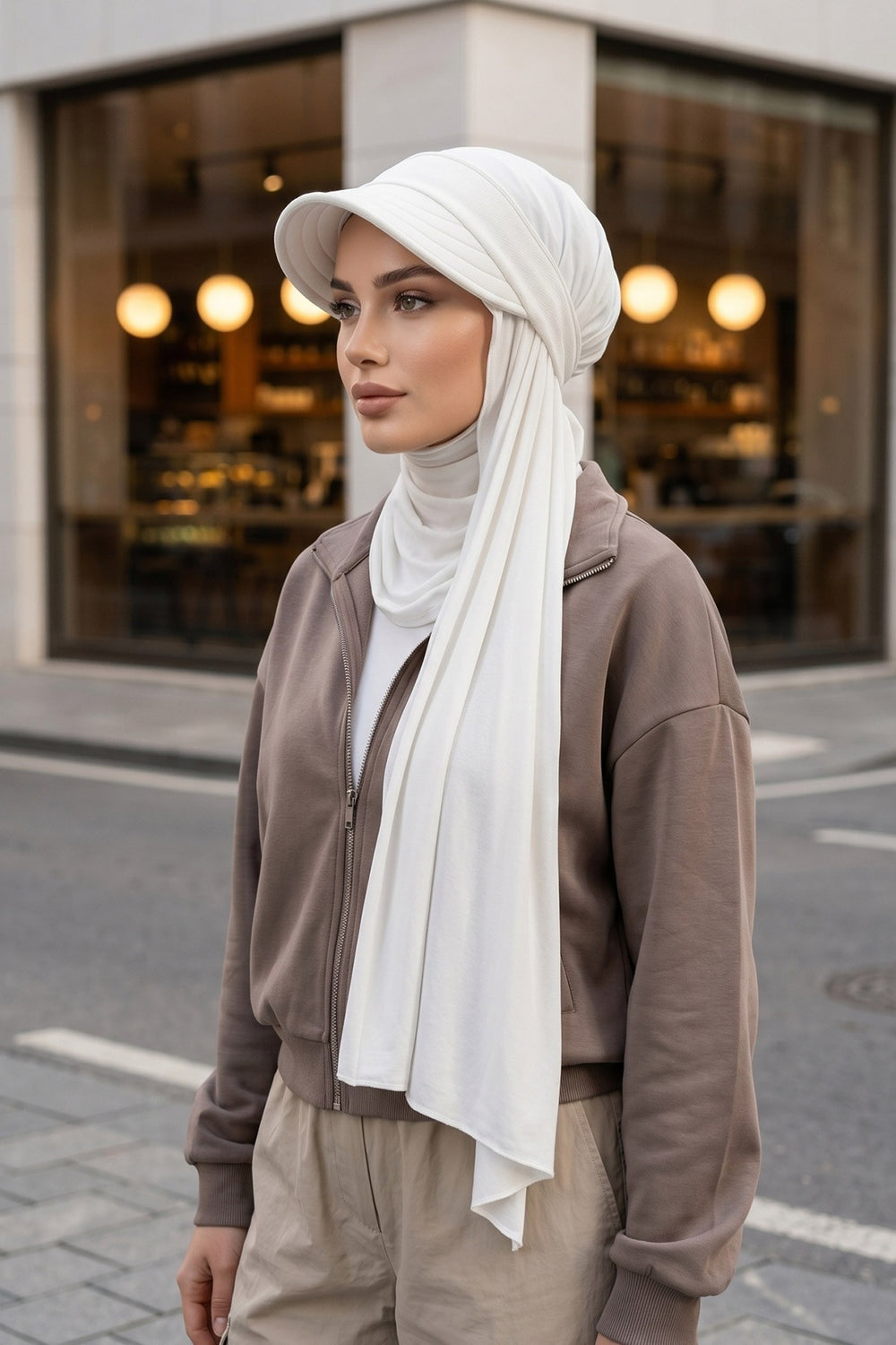 Everyday Sports Hijab with Removable Visor, Practical Jersey Shawl,SPS-1 Ivory