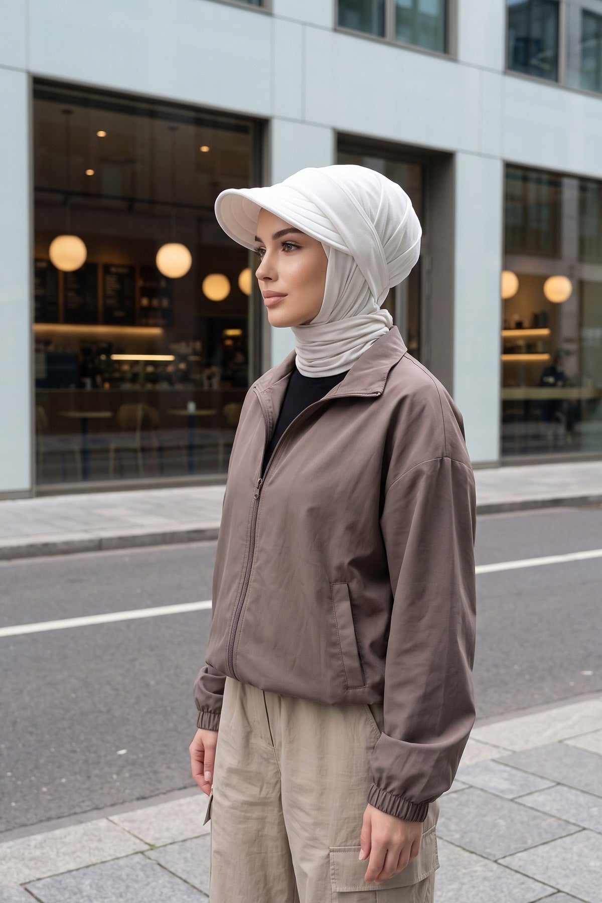 Everyday Sports Hijab with Removable Visor, Practical Jersey Shawl,SPS-1 Ivory