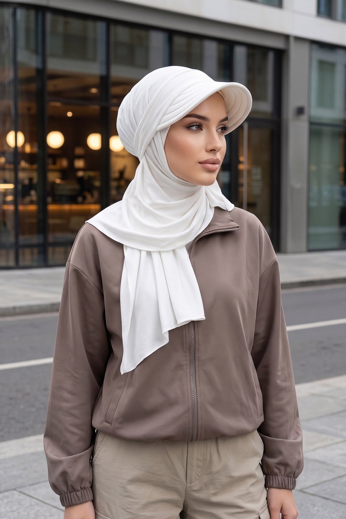 Everyday Sports Hijab with Removable Visor, Practical Jersey Shawl,SPS-1 Ivory