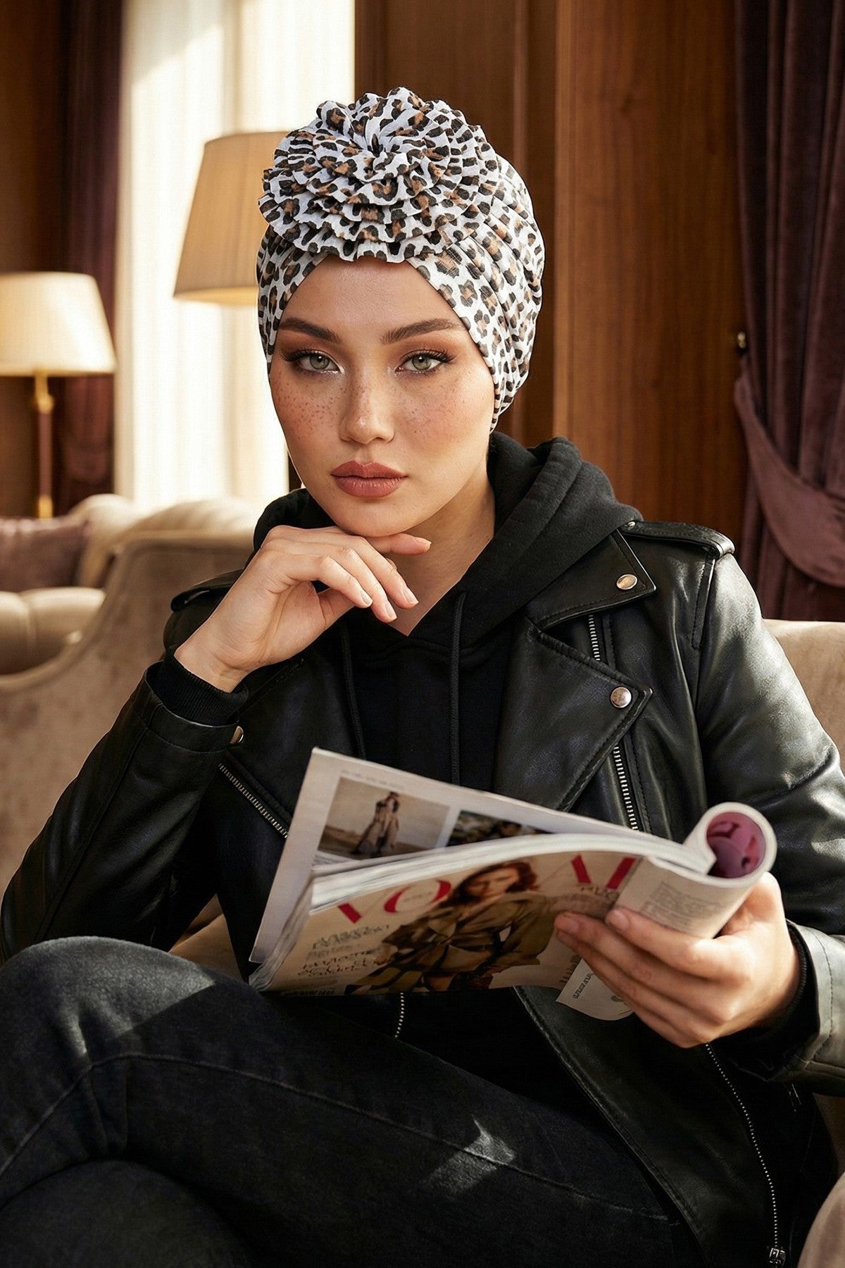 Fashionable High Quality Instant Turban Scarf Head Wrap made from Combed Cotton, Chemo Headwear with Beautiful Rose Patterns,B-21YD Wild Elegance