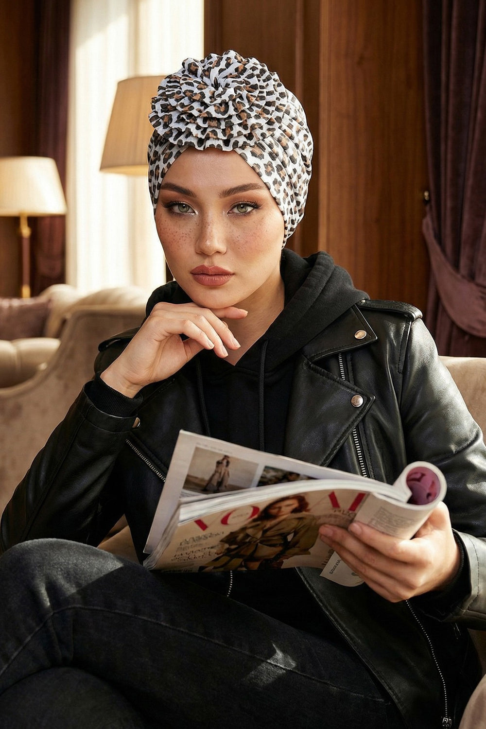 Fashionable High Quality Instant Turban Scarf Head Wrap made from Combed Cotton, Chemo Headwear with Beautiful Rose Patterns,B-21YD Wild Elegance
