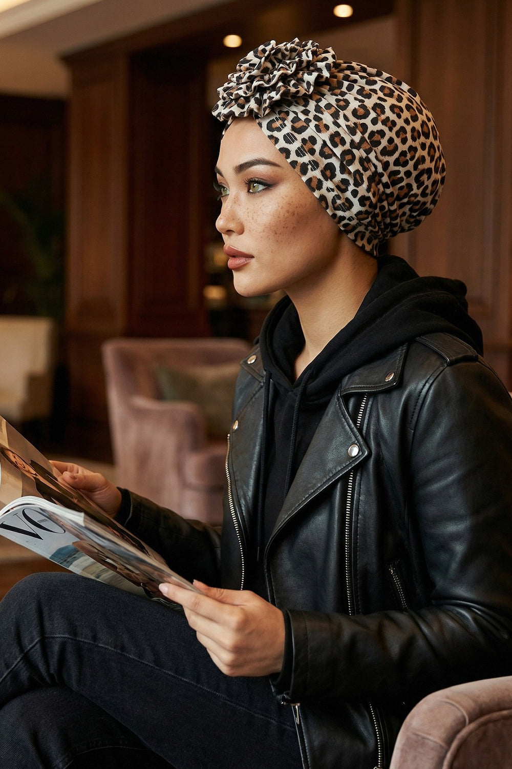 Fashionable High Quality Instant Turban Scarf Head Wrap made from Combed Cotton, Chemo Headwear with Beautiful Rose Patterns,B-21YD Wild Elegance