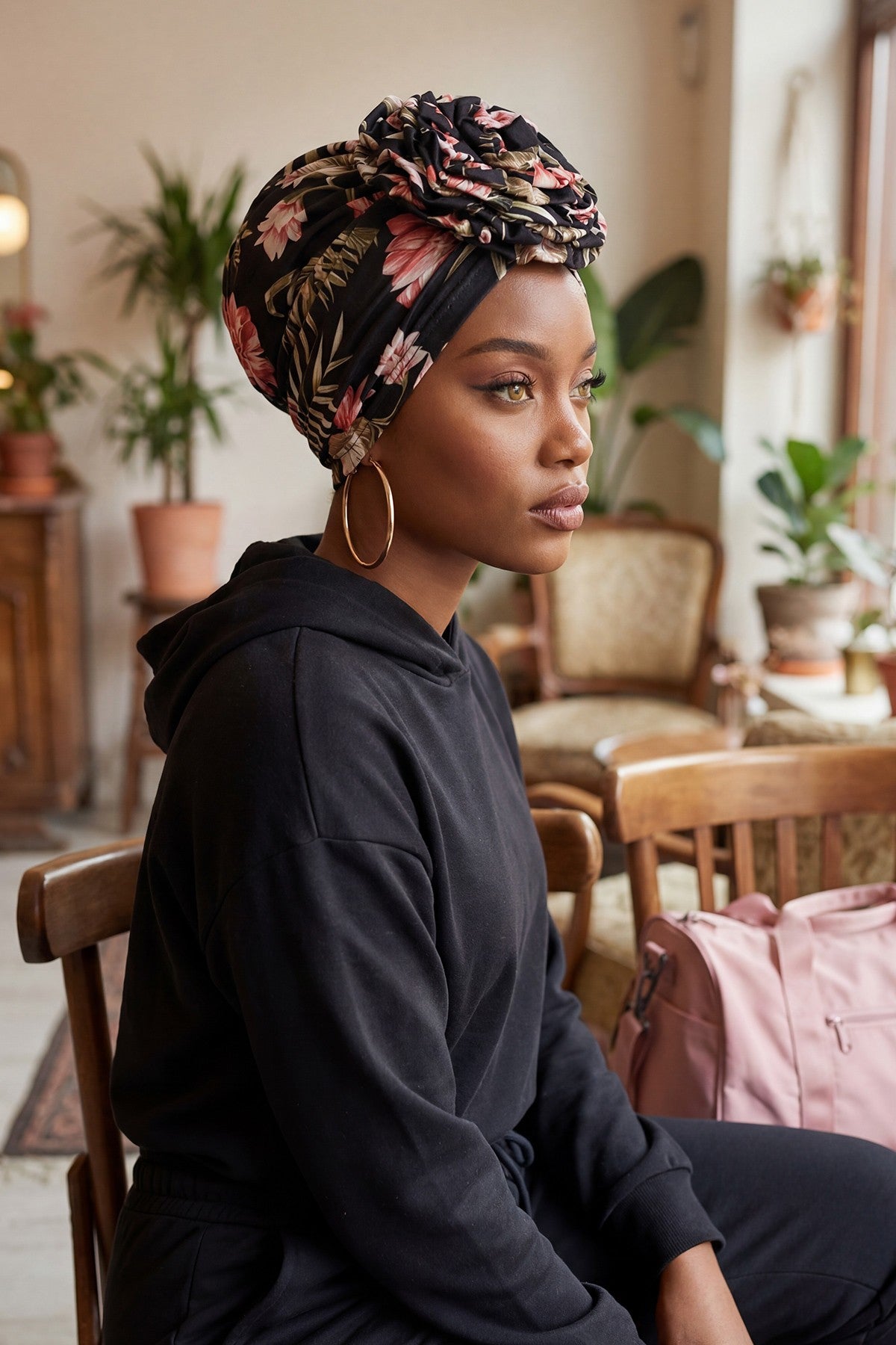 Fashionable High Quality Instant Turban Scarf Head Wrap made from Combed Cotton, Chemo Headwear with Beautiful Rose Patterns,B-21YD Dark Forest