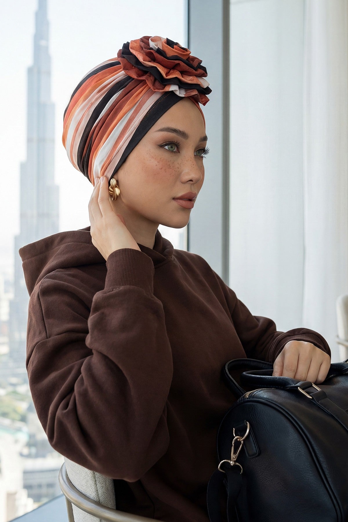 Fashionable High Quality Instant Turban Scarf Head Wrap made from Combed Cotton, Chemo Headwear with Beautiful Rose Patterns,B-21YD Retro Waves