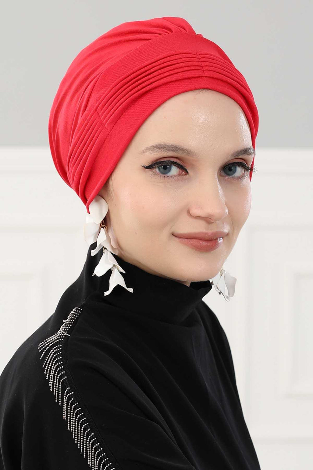 Fashionable Pleated Instant Turban Hijab for Women, Breathable Cotton Stretch Head Cover, High Quality Chemo & Alopecia Headwrap,B-19 Red
