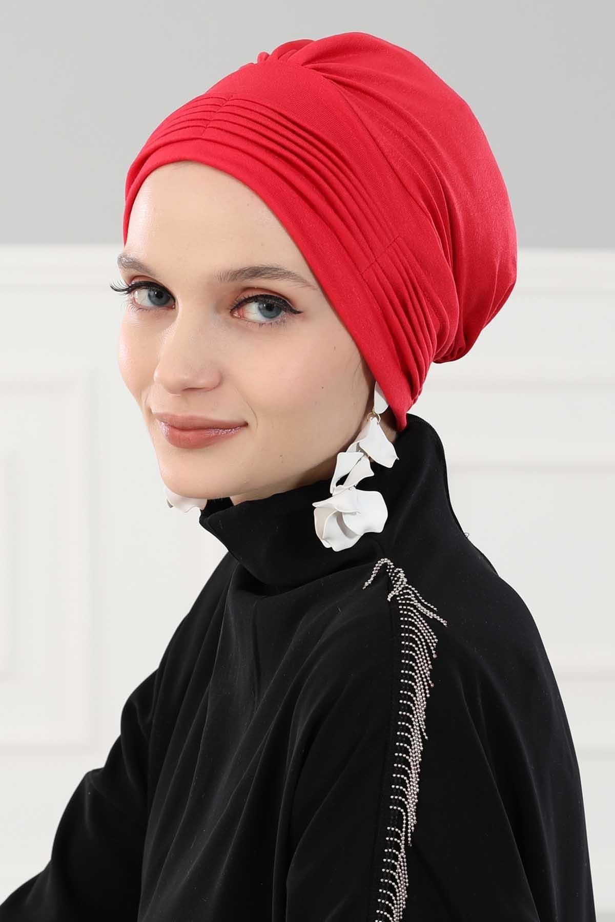 Fashionable Pleated Instant Turban Hijab for Women, Breathable Cotton Stretch Head Cover, High Quality Chemo & Alopecia Headwrap,B-19 Red