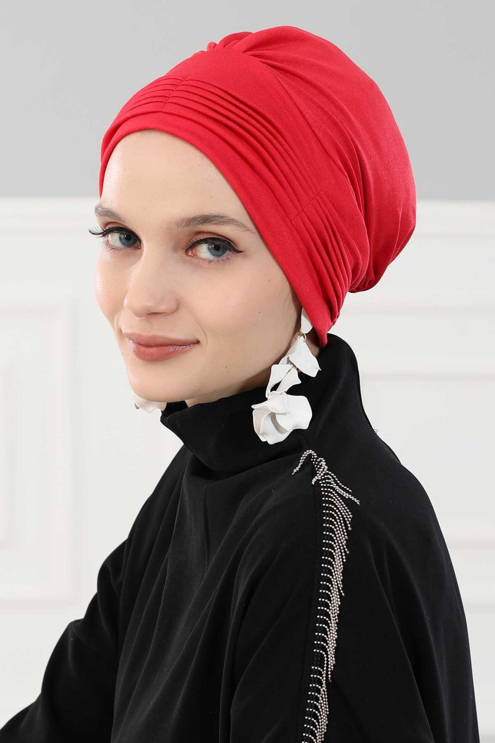 Fashionable Pleated Instant Turban Hijab for Women, Breathable Cotton Stretch Head Cover, High Quality Chemo & Alopecia Headwrap,B-19 Red