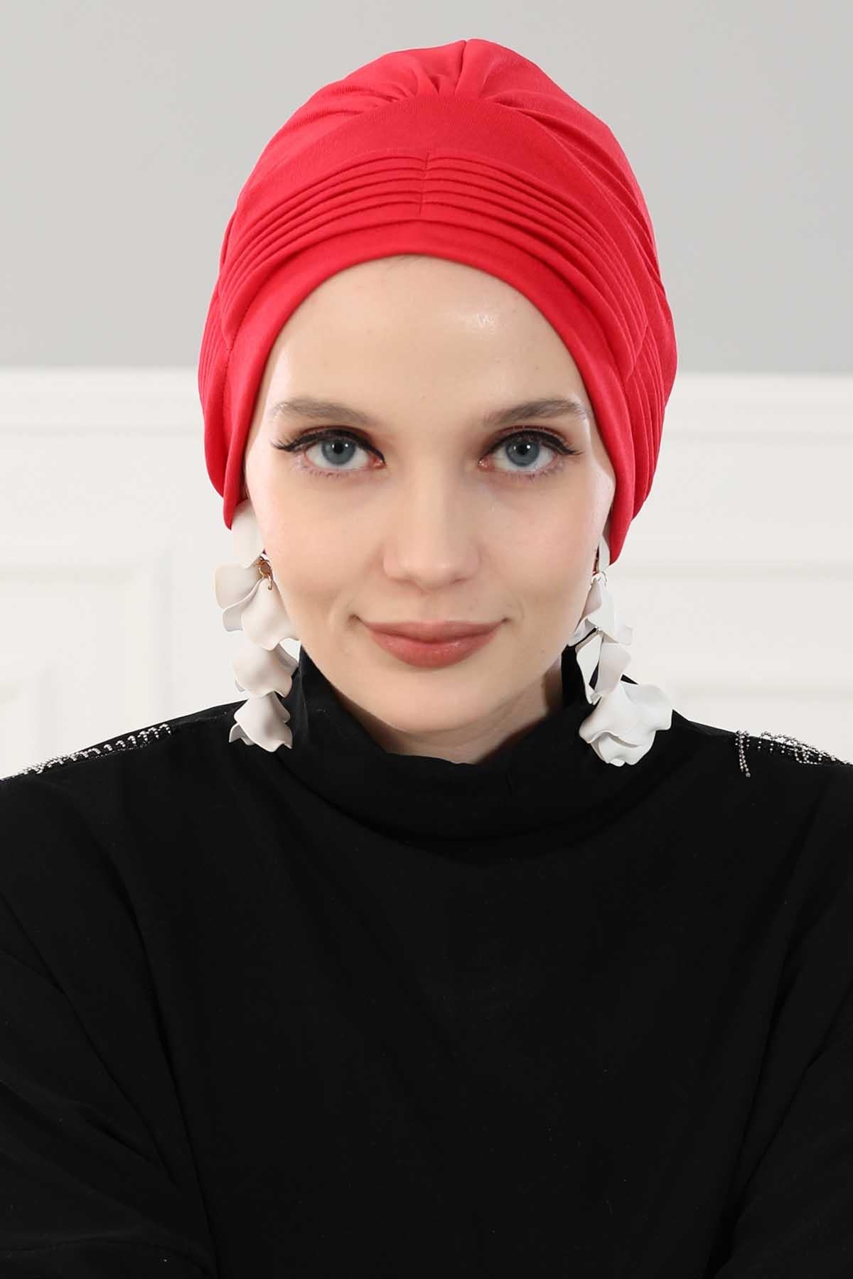 Fashionable Pleated Instant Turban Hijab for Women, Breathable Cotton Stretch Head Cover, High Quality Chemo & Alopecia Headwrap,B-19 Red