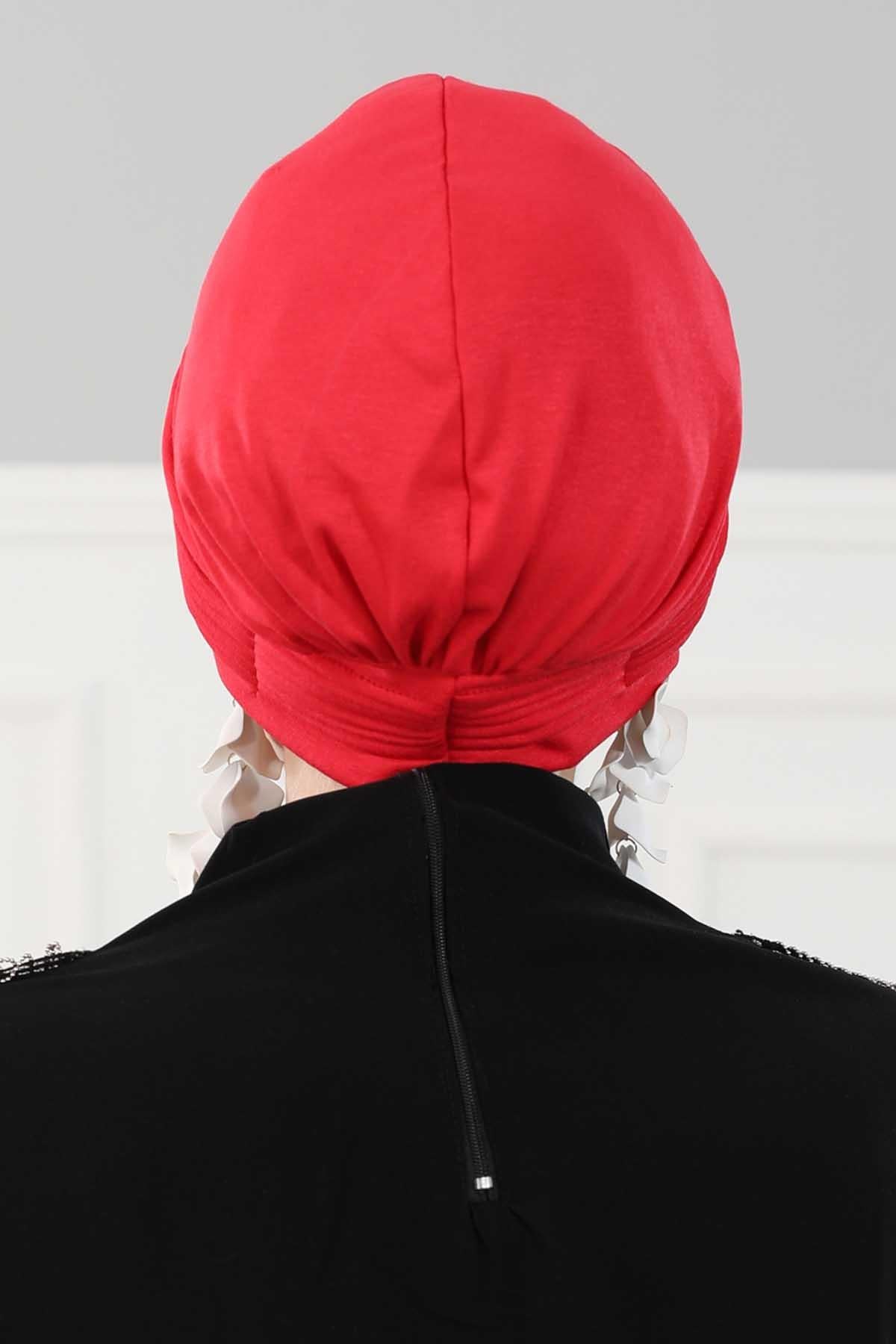Fashionable Pleated Instant Turban Hijab for Women, Breathable Cotton Stretch Head Cover, High Quality Chemo & Alopecia Headwrap,B-19 Red