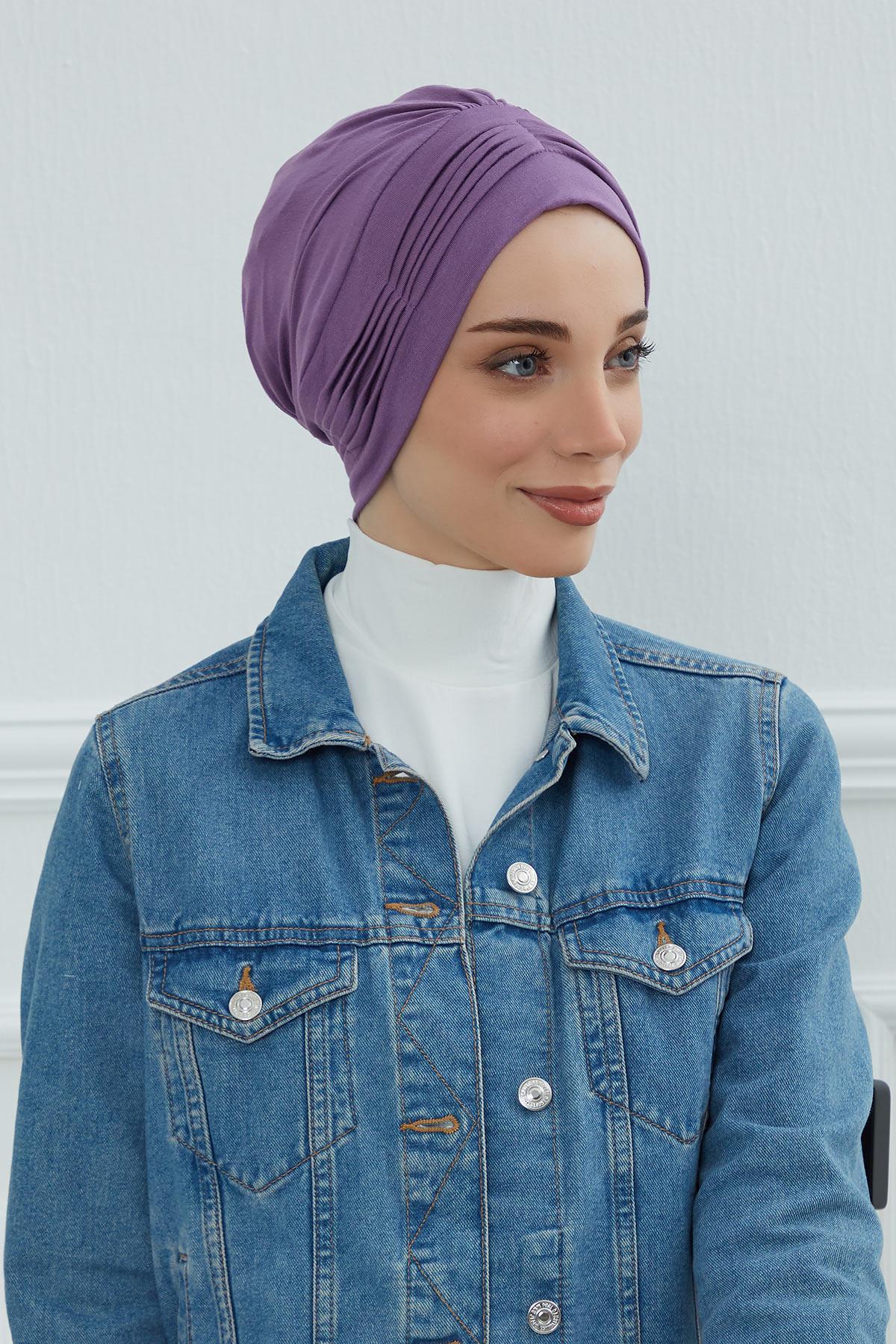Fashionable Pleated Instant Turban Hijab for Women, Breathable Cotton Stretch Head Cover, High Quality Chemo & Alopecia Headwrap,B-19 Purple 2