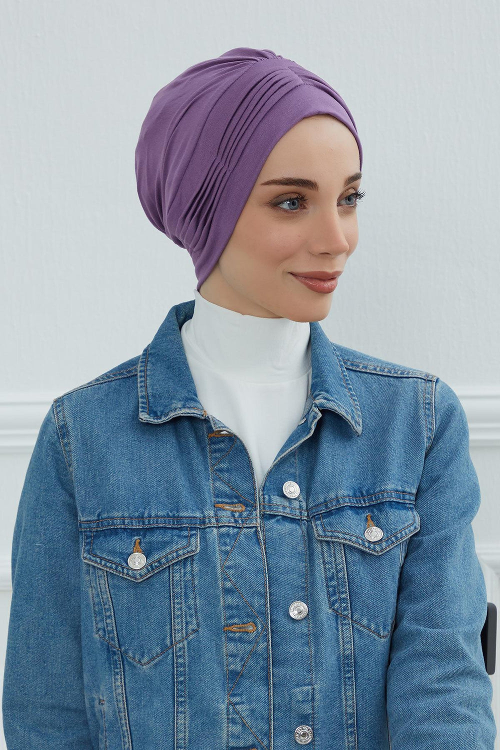 Fashionable Pleated Instant Turban Hijab for Women, Breathable Cotton Stretch Head Cover, High Quality Chemo & Alopecia Headwrap,B-19 Purple 2