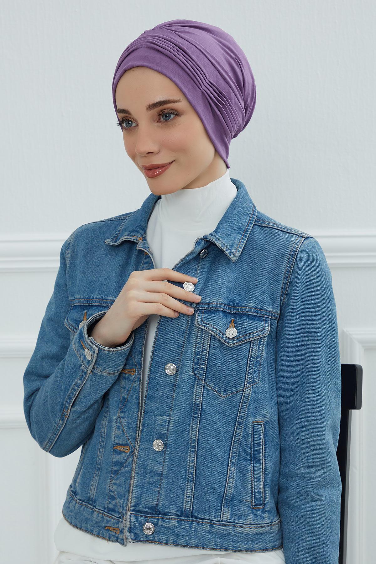 Fashionable Pleated Instant Turban Hijab for Women, Breathable Cotton Stretch Head Cover, High Quality Chemo & Alopecia Headwrap,B-19 Purple 2