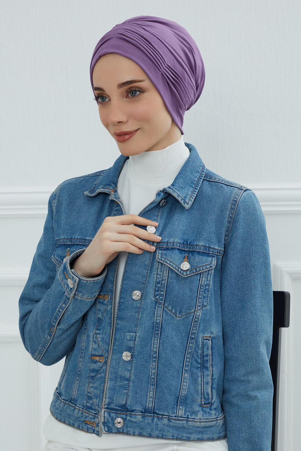 Fashionable Pleated Instant Turban Hijab for Women, Breathable Cotton Stretch Head Cover, High Quality Chemo & Alopecia Headwrap,B-19 Purple 2