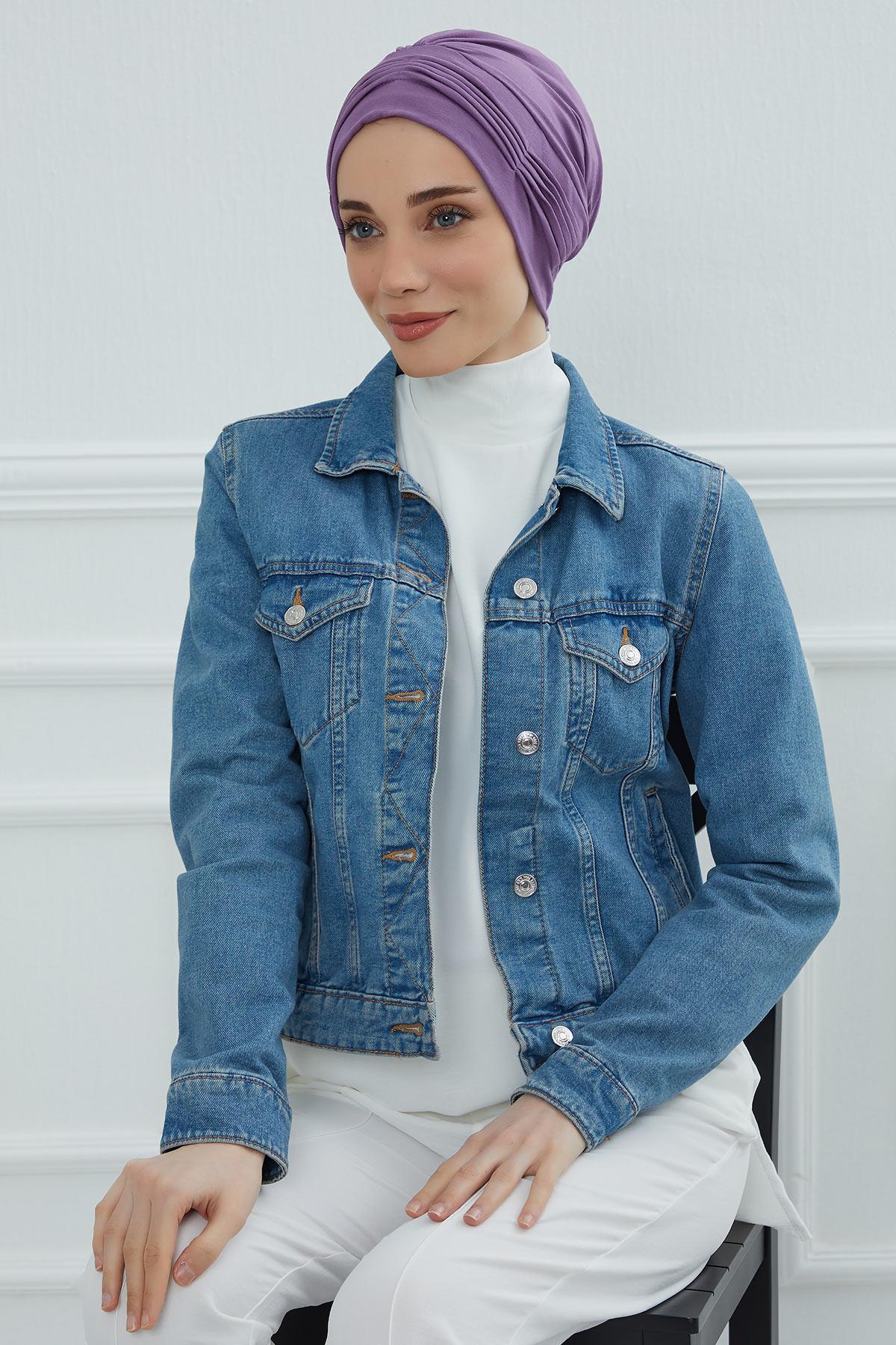 Fashionable Pleated Instant Turban Hijab for Women, Breathable Cotton Stretch Head Cover, High Quality Chemo & Alopecia Headwrap,B-19 Purple 2