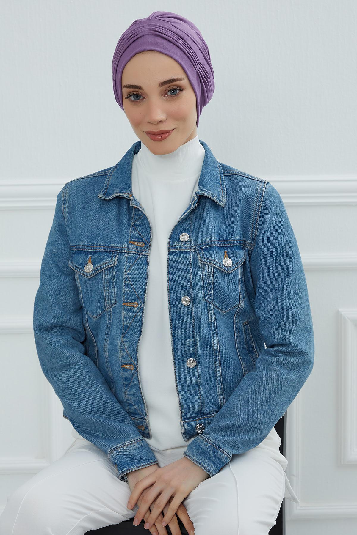 Fashionable Pleated Instant Turban Hijab for Women, Breathable Cotton Stretch Head Cover, High Quality Chemo & Alopecia Headwrap,B-19 Purple 2